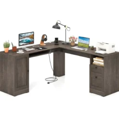 L-Form Schreibtisch mit Ladestation & Tastaturablage & 2 Schubladen Eckschreibtisch