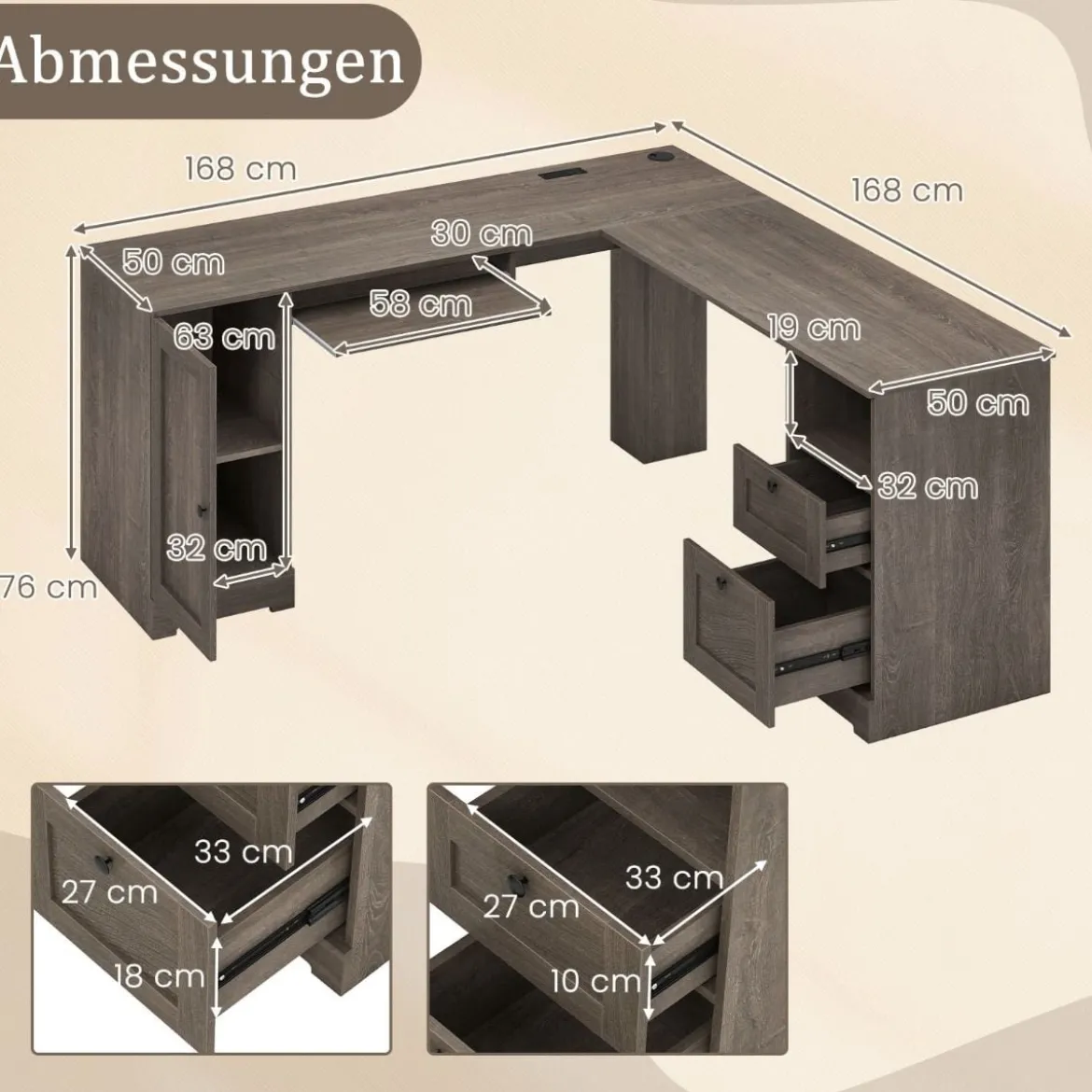 L-Form Schreibtisch mit Ladestation & Tastaturablage & 2 Schubladen Eckschreibtisch