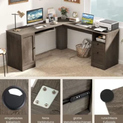 L-Form Schreibtisch mit Ladestation & Tastaturablage & 2 Schubladen Eckschreibtisch