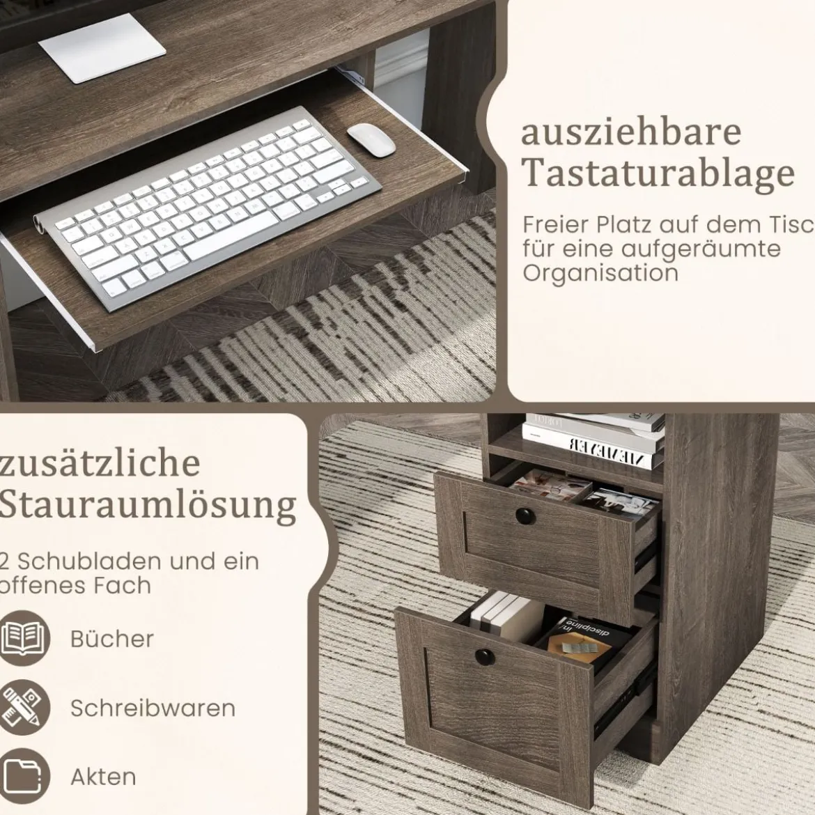 L-Form Schreibtisch mit Ladestation & Tastaturablage & 2 Schubladen Eckschreibtisch