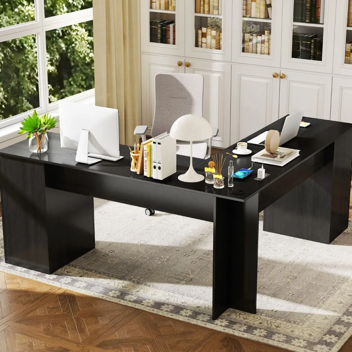 L-Form Schreibtisch mit Ladestation & Tastaturablage & 2 Schubladen Eckschreibtisch