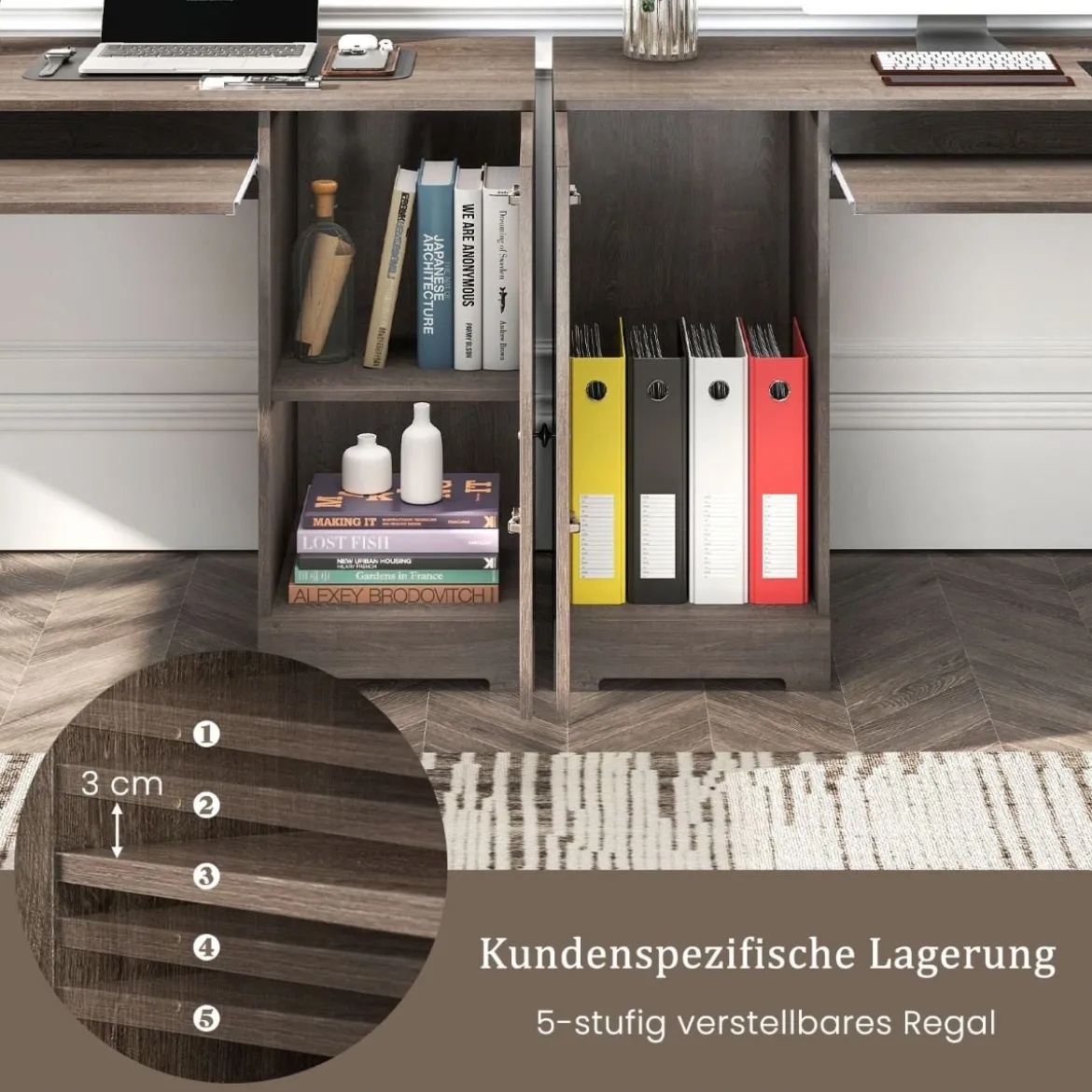 L-Form Schreibtisch mit Ladestation & Tastaturablage & 2 Schubladen Eckschreibtisch