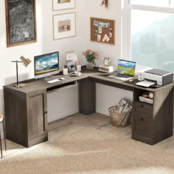 L-Form Schreibtisch mit Ladestation & Tastaturablage & 2 Schubladen Eckschreibtisch