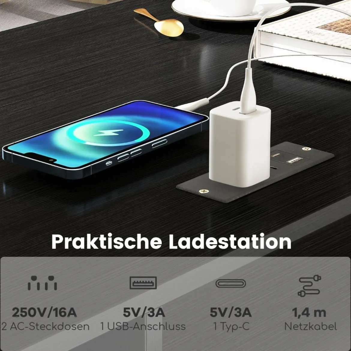 L-Form Schreibtisch mit Ladestation & Tastaturablage & 2 Schubladen Eckschreibtisch