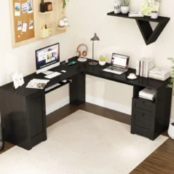L-Form Schreibtisch mit Ladestation & Tastaturablage & 2 Schubladen Eckschreibtisch
