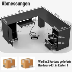 L-Form Schreibtisch mit Ladestation & Tastaturablage & 2 Schubladen Eckschreibtisch