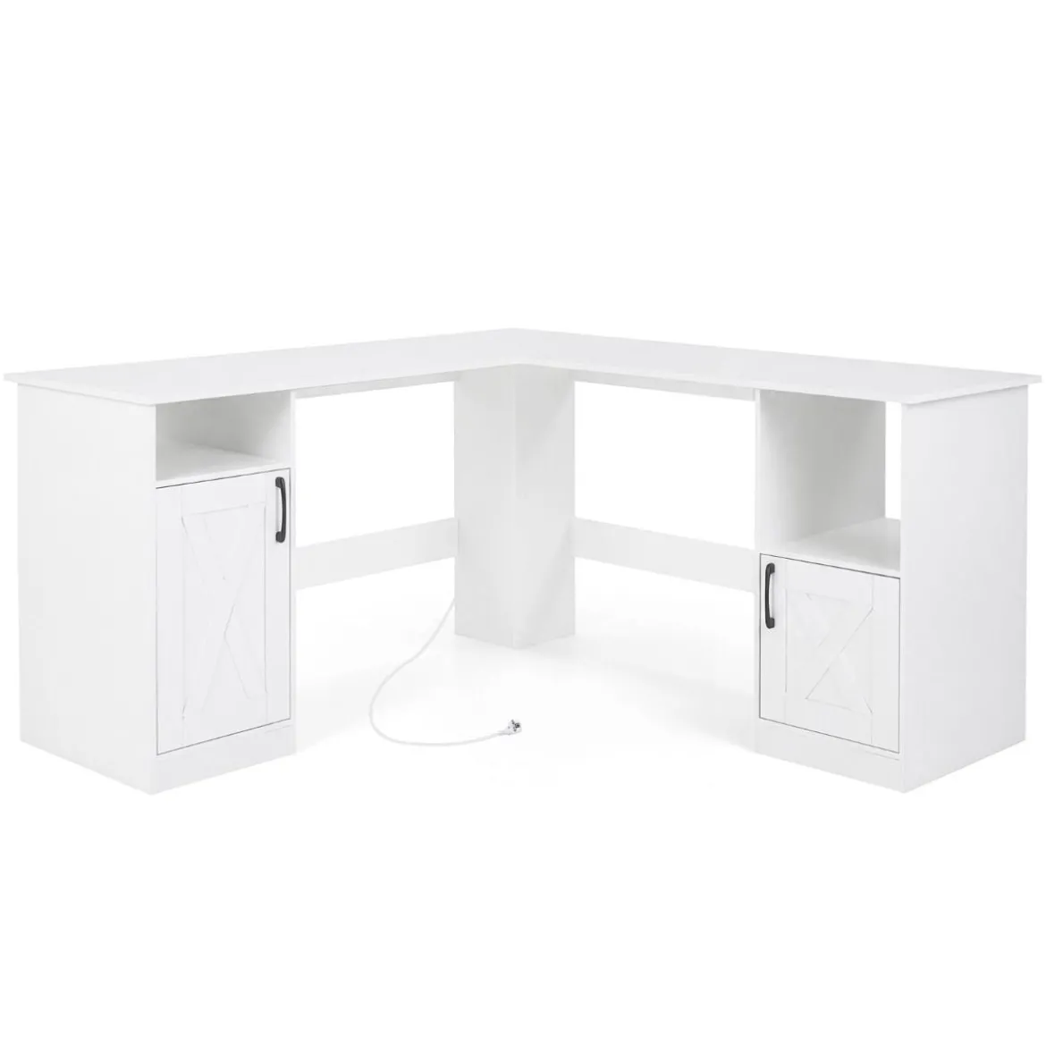 L Form Schreibtisch mit 2 Schränke & Ladestation & 4 Offene Regale Eckschreibtisch Bürotisch Weiß