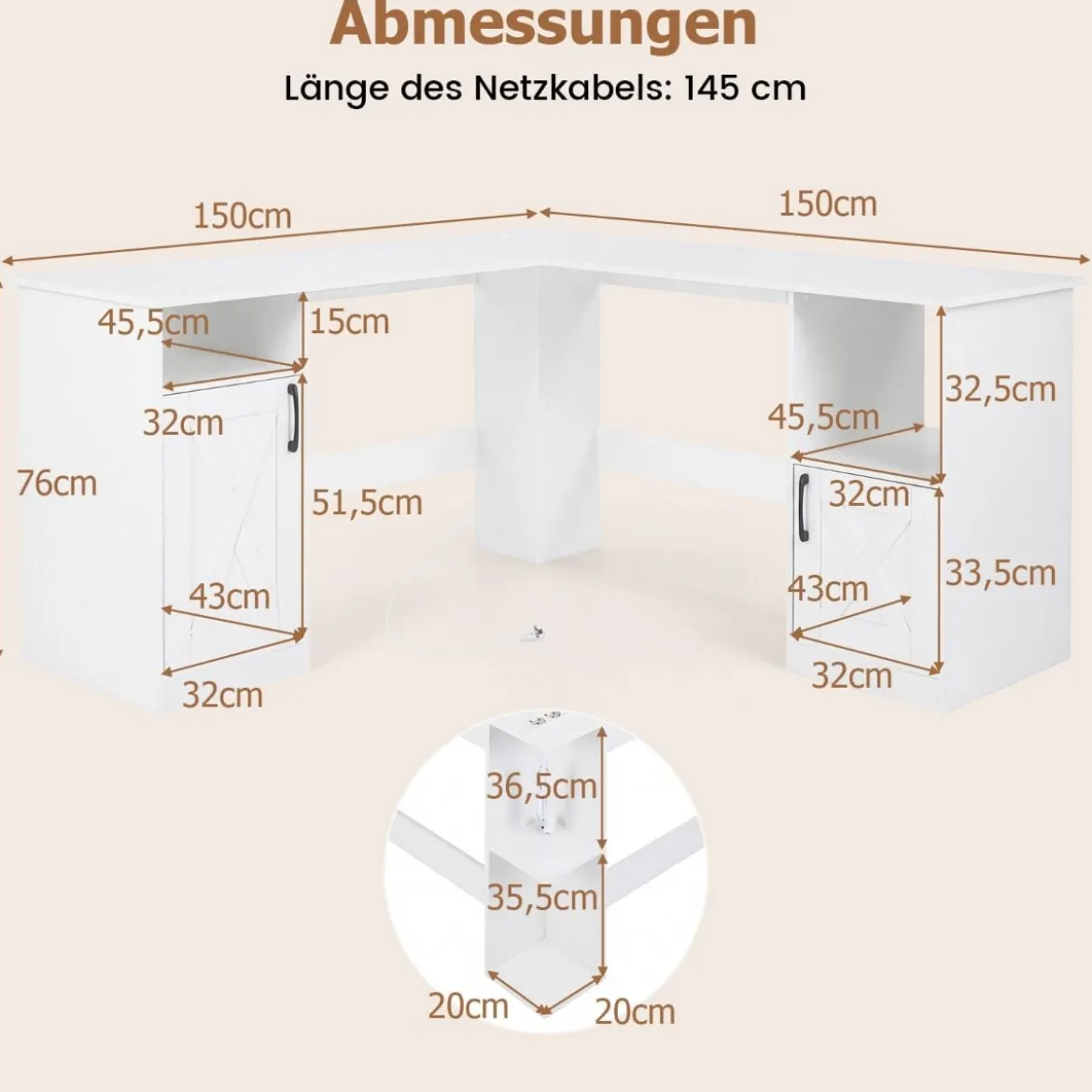 L Form Schreibtisch mit 2 Schränke & Ladestation & 4 Offene Regale Eckschreibtisch Bürotisch Weiß