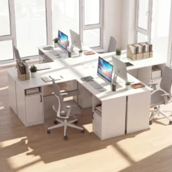 L Form Schreibtisch mit 2 Schränke & Ladestation & 4 Offene Regale Eckschreibtisch Bürotisch Weiß