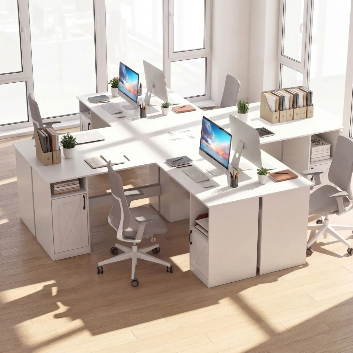 L Form Schreibtisch mit 2 Schränke & Ladestation & 4 Offene Regale Eckschreibtisch Bürotisch Weiß