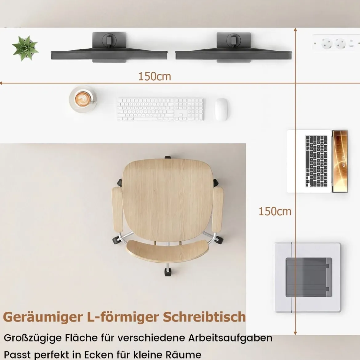 L Form Schreibtisch mit 2 Schränke & Ladestation & 4 Offene Regale Eckschreibtisch Bürotisch Weiß