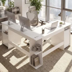 L Form Schreibtisch mit 2 Schränke & Ladestation & 4 Offene Regale Eckschreibtisch Bürotisch Weiß