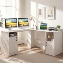 L Form Schreibtisch mit 2 Schränke & Ladestation & 4 Offene Regale Eckschreibtisch Bürotisch Weiß