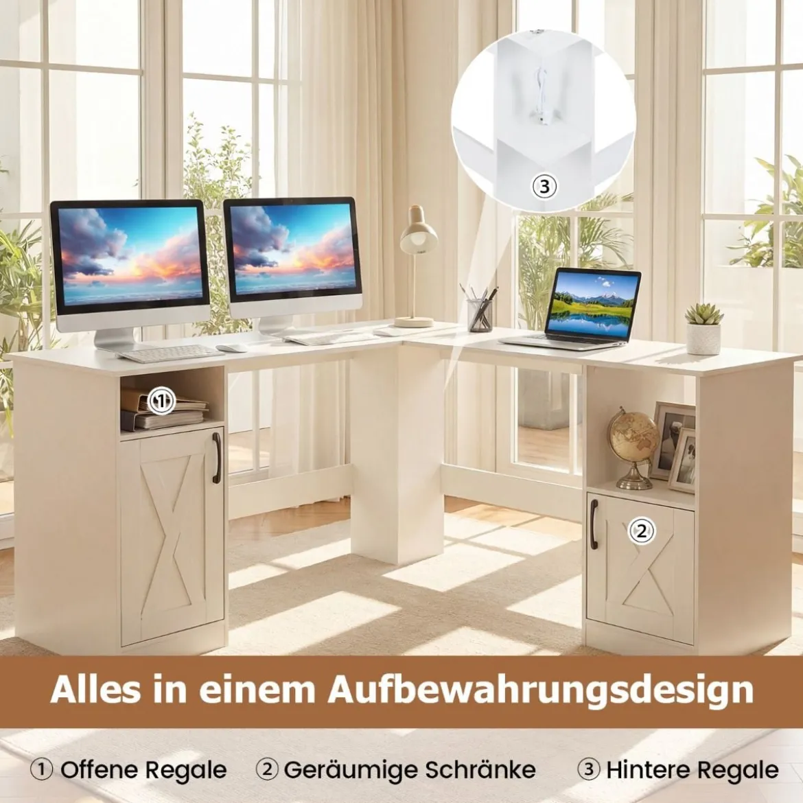 L Form Schreibtisch mit 2 Schränke & Ladestation & 4 Offene Regale Eckschreibtisch Bürotisch Weiß