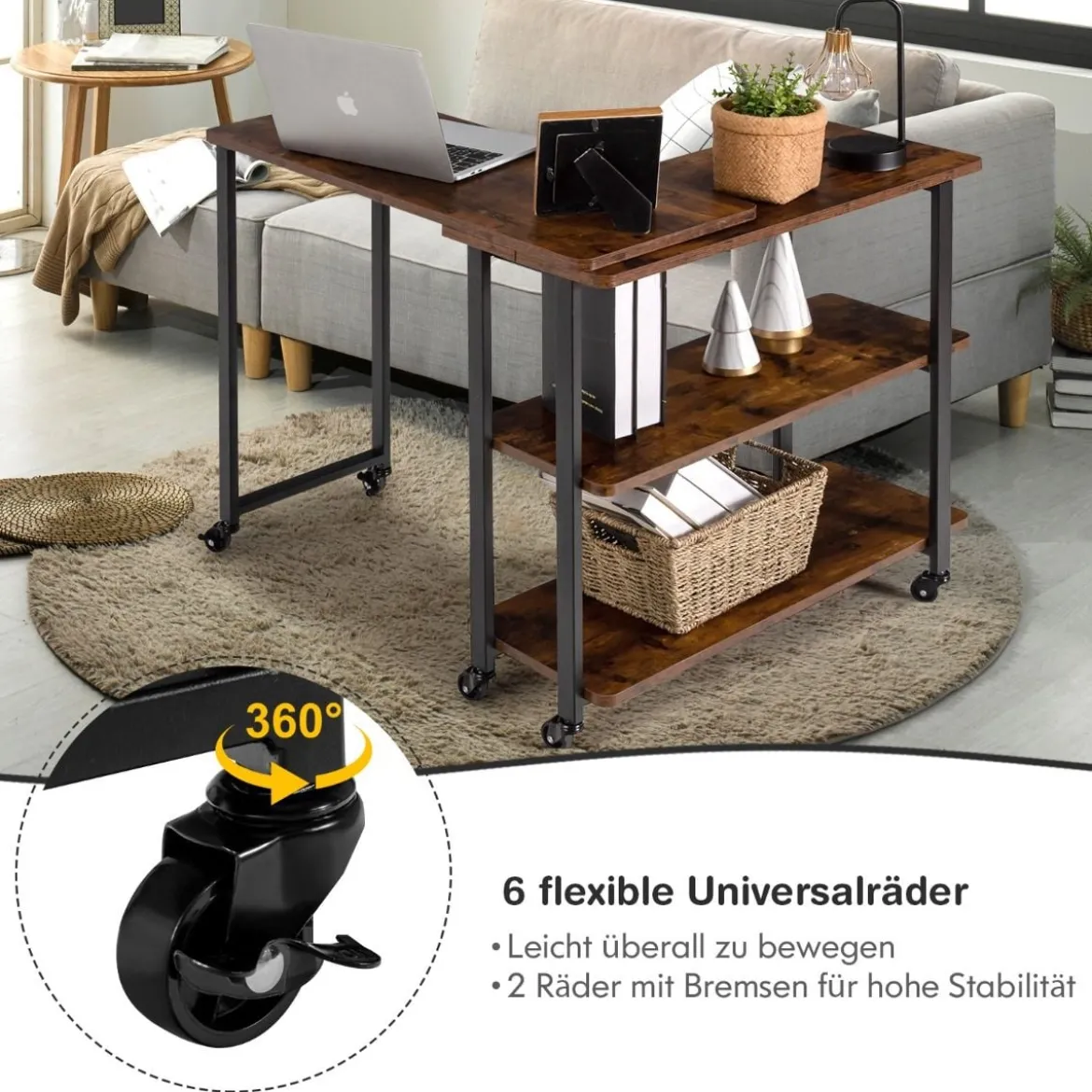 L-förmiger Beistelltisch mit Rollen & 2 Ablagen 360° drehbarer Sofatisch Rustikales Braun