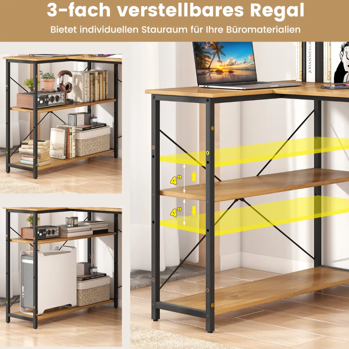 L-förmiger Computer Desk umkehrbarer Eckschreibtisch mit verstellbarem Regal platzsparender Schreib- und Studiertisch Natur