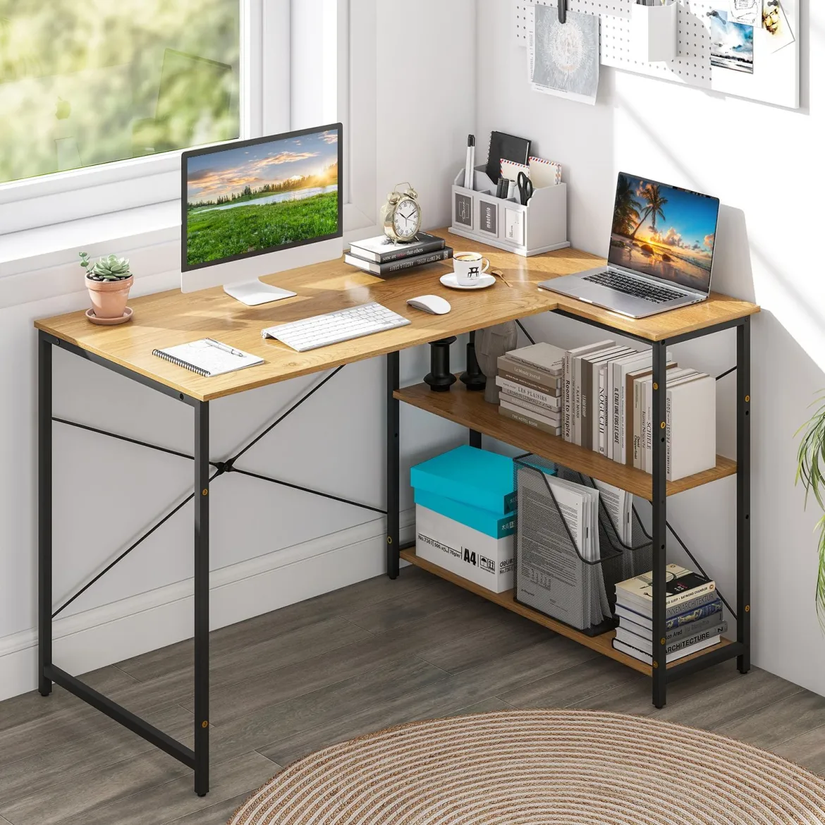 L-förmiger Computer Desk umkehrbarer Eckschreibtisch mit verstellbarem Regal platzsparender Schreib- und Studiertisch Natur