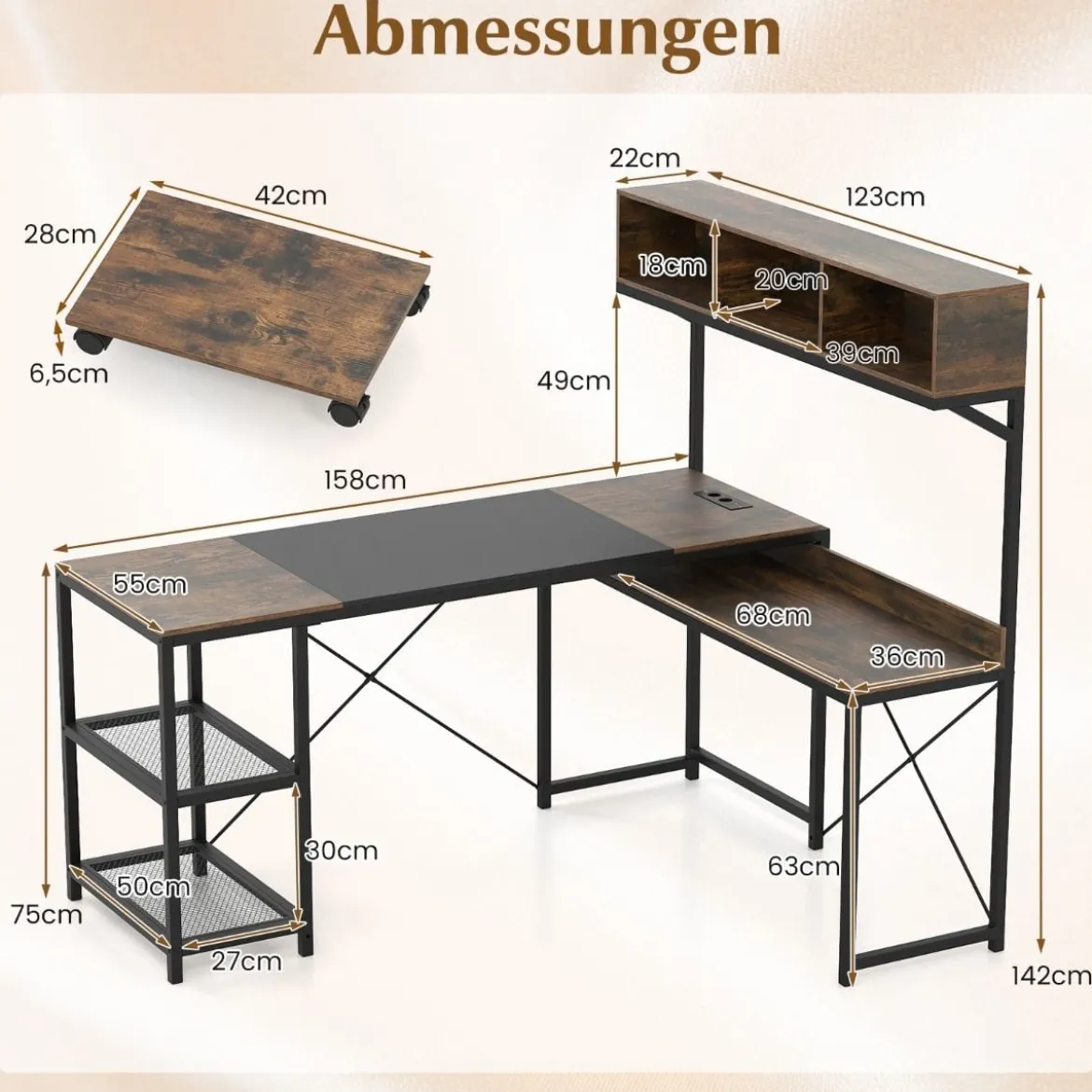 L-förmiger Computerschreibtisch mit Steckdosen & Mobiler CPU-Halterung Eckschreibtisch Braun