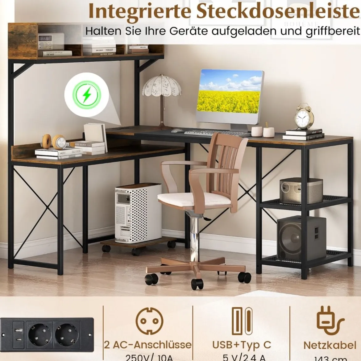 L-förmiger Computerschreibtisch mit Steckdosen & Mobiler CPU-Halterung Eckschreibtisch Braun