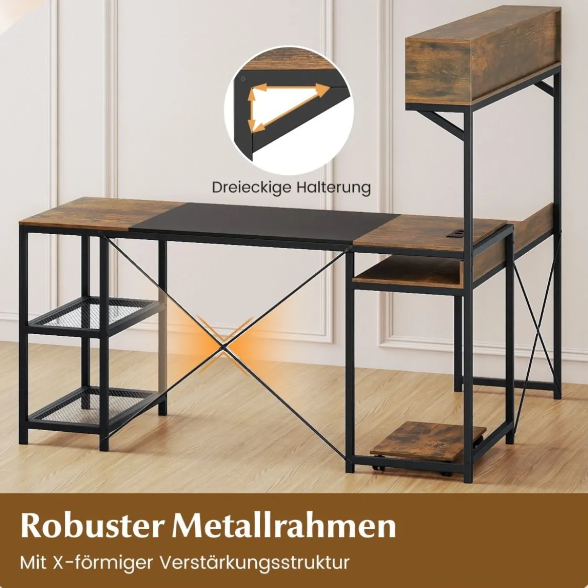 L-förmiger Computerschreibtisch mit Steckdosen & Mobiler CPU-Halterung Eckschreibtisch Braun