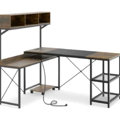 L-förmiger Computerschreibtisch mit Steckdosen & Mobiler CPU-Halterung Eckschreibtisch Braun
