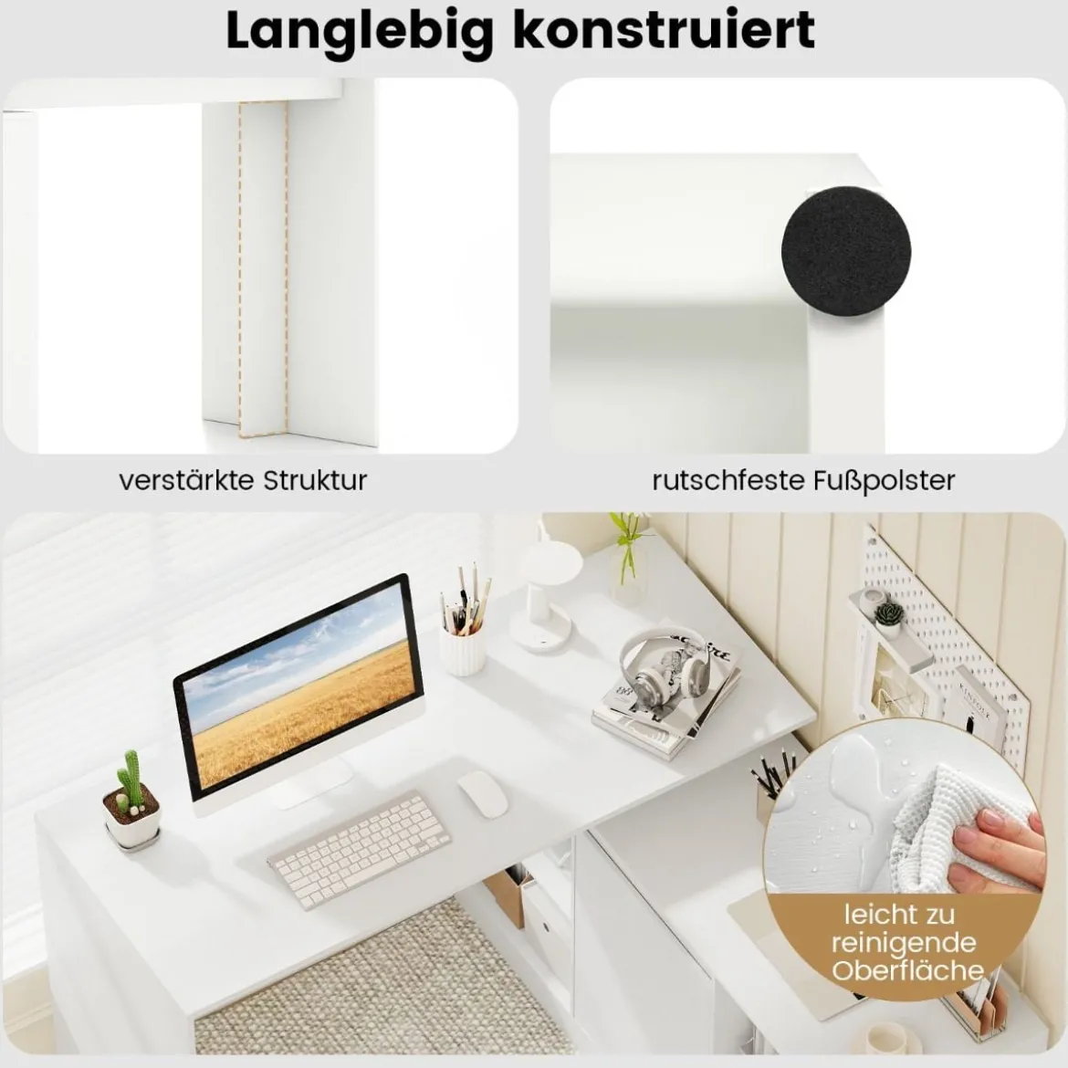 L-förmiger Computertisch 120 cm wendbarer Eckschreibtisch mit 2-Wege-Schrank & 4 Stauraumfächern Weiß