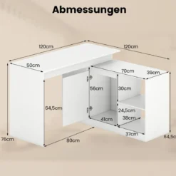 L-förmiger Computertisch 120 cm wendbarer Eckschreibtisch mit 2-Wege-Schrank & 4 Stauraumfächern Weiß