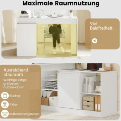 L-förmiger Computertisch 120 cm wendbarer Eckschreibtisch mit 2-Wege-Schrank & 4 Stauraumfächern Weiß