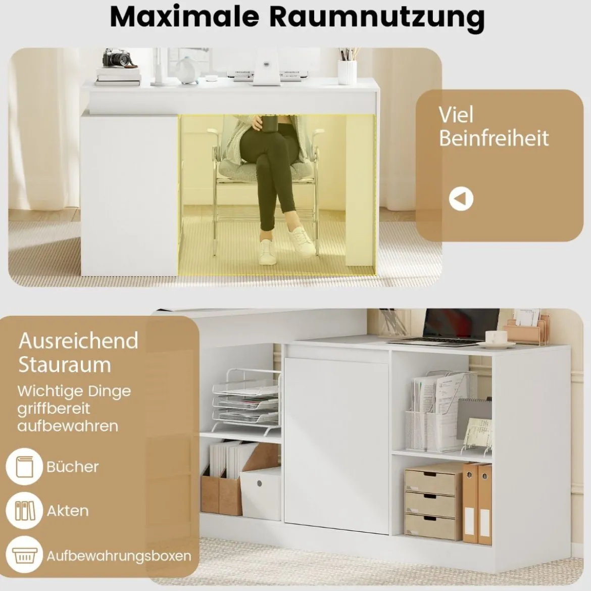 L-förmiger Computertisch 120 cm wendbarer Eckschreibtisch mit 2-Wege-Schrank & 4 Stauraumfächern Weiß