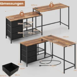L-förmiger Computertisch mit Steckdose & 3 Stoffschubladen & Gitterablagen Eckschreibtisch Braun
