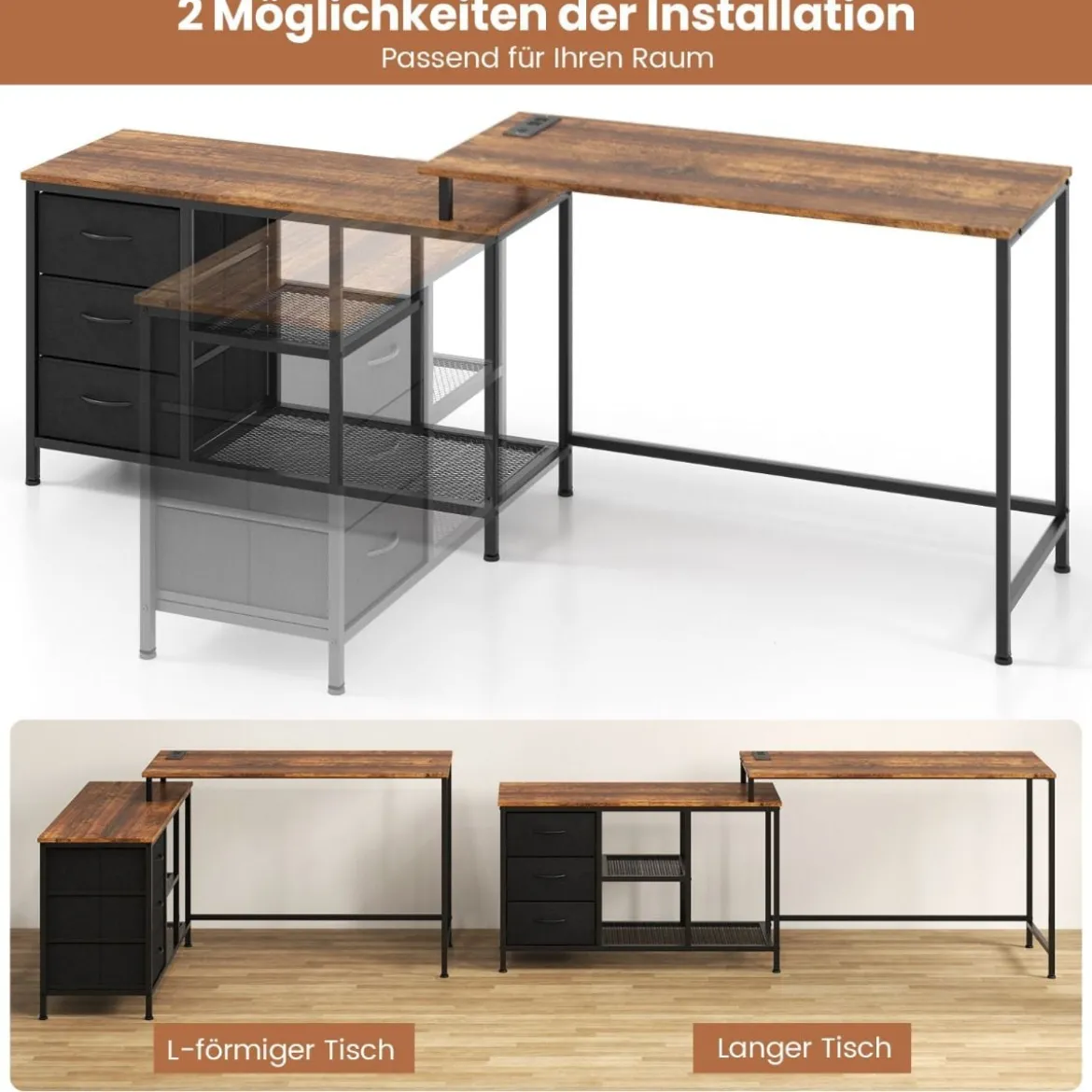 L-förmiger Computertisch mit Steckdose & 3 Stoffschubladen & Gitterablagen Eckschreibtisch Braun