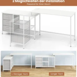 L-förmiger Computertisch mit Steckdose & 3 Stoffschubladen & Gitterablagen Eckschreibtisch Weiß