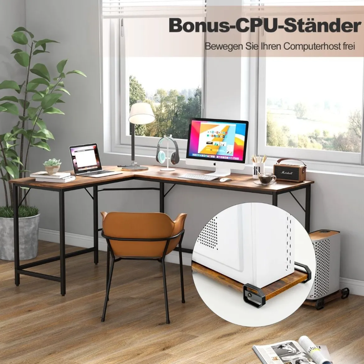 L-förmiger Computertisch mit Steckdose & CPU-Ständer & Robustem Metallrahmen Eckschreibtisch