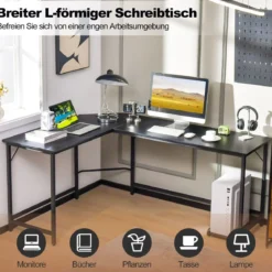 L-förmiger Computertisch mit Steckdose & CPU-Ständer & Robustem Metallrahmen Eckschreibtisch