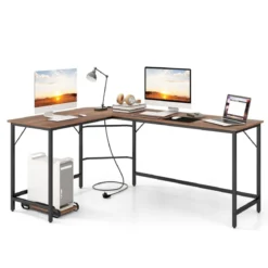 L-förmiger Computertisch mit Steckdose & CPU-Ständer & Robustem Metallrahmen Eckschreibtisch