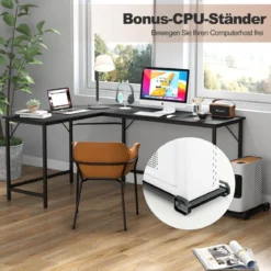 L-förmiger Computertisch mit Steckdose & CPU-Ständer & Robustem Metallrahmen Eckschreibtisch