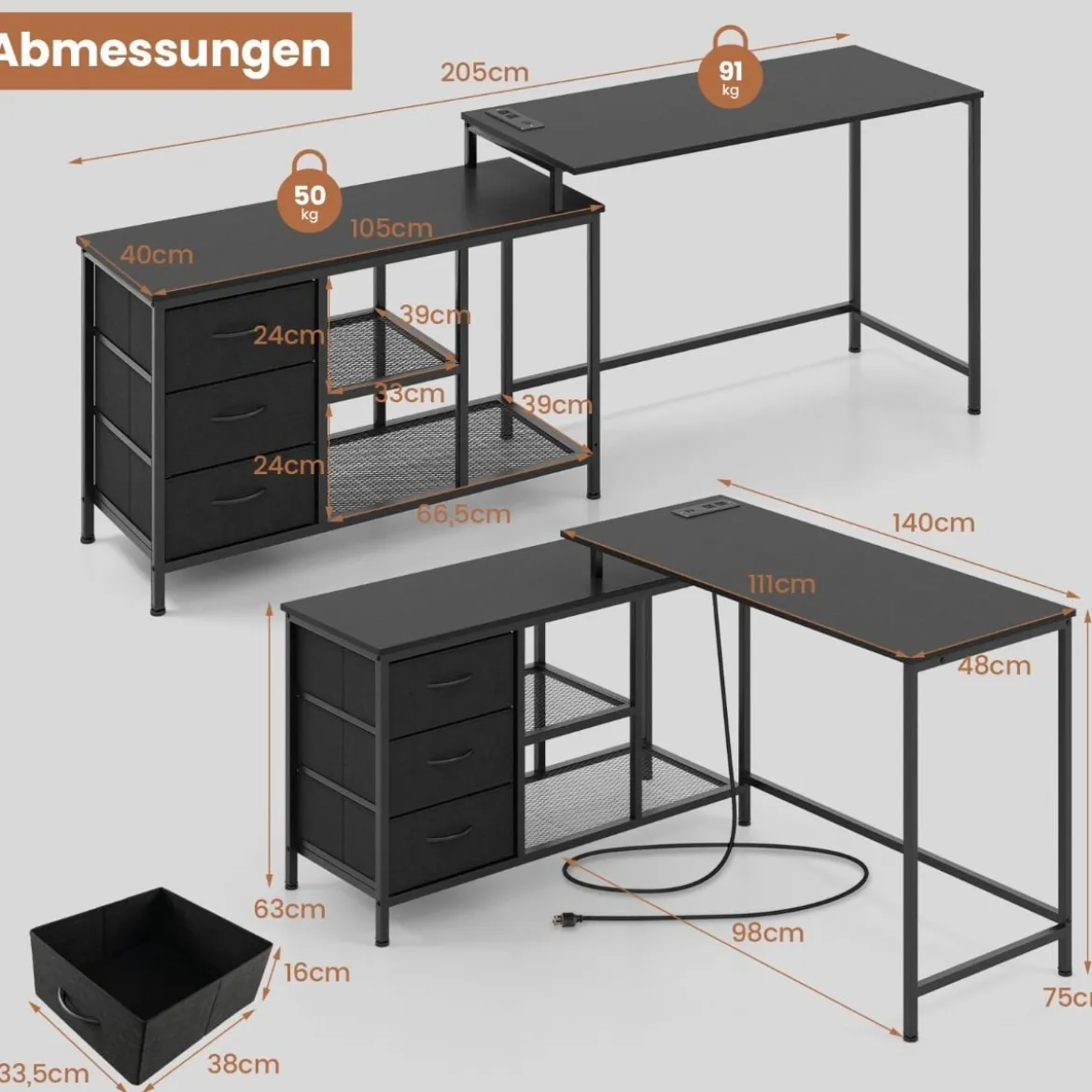 L-förmiger Computertisch mit Steckdose & 3 Stoffschubladen & Gitterablagen Eckschreibtisch Schwarz