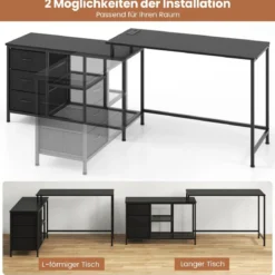 L-förmiger Computertisch mit Steckdose & 3 Stoffschubladen & Gitterablagen Eckschreibtisch Schwarz
