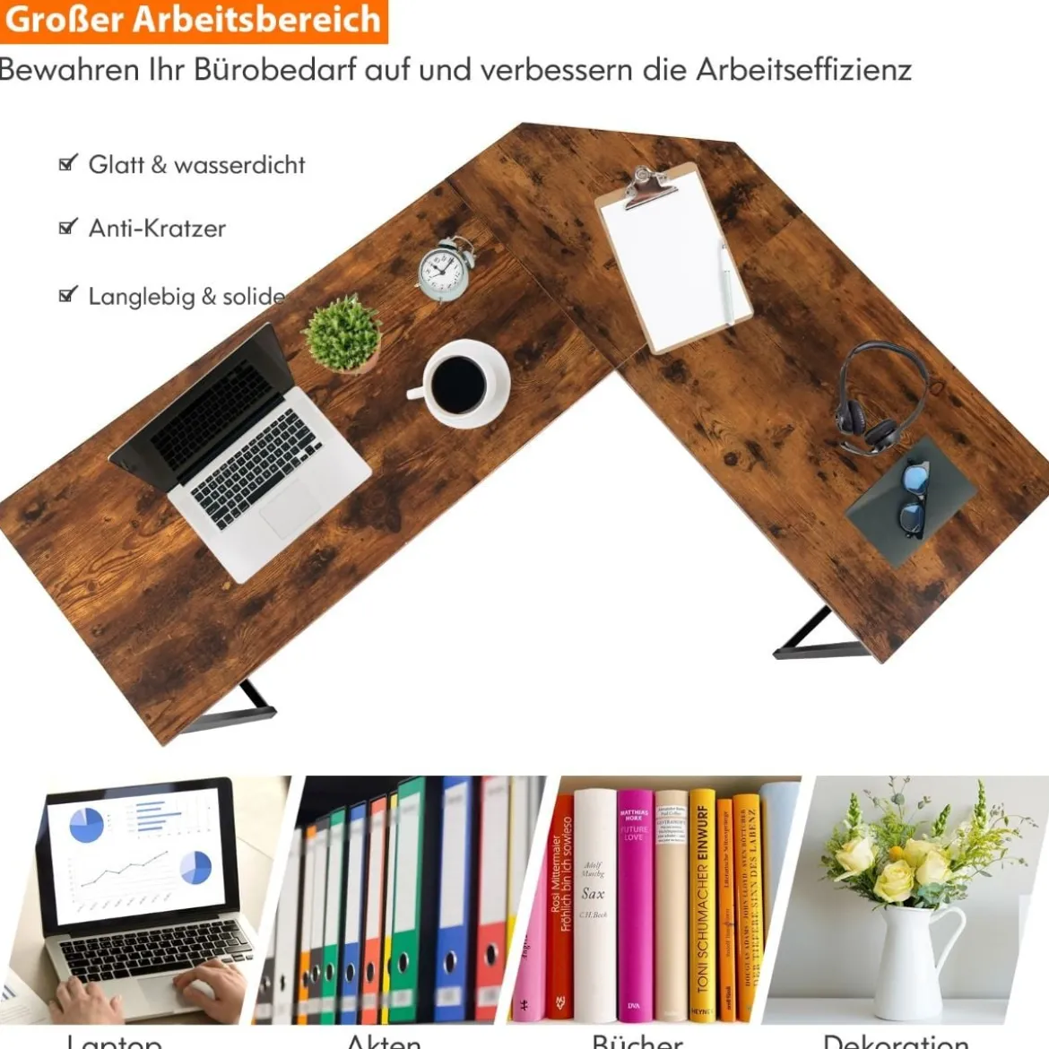 L-förmiger Eckschreibtisch platzsparender Computertisch mit verstärktem Metallrahmen Rustikales Braun