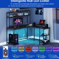 L-förmiger Gaming Schreibtisch mit LED-Streifen & Steckdosen Eckschreibtisch Computertisch Grau