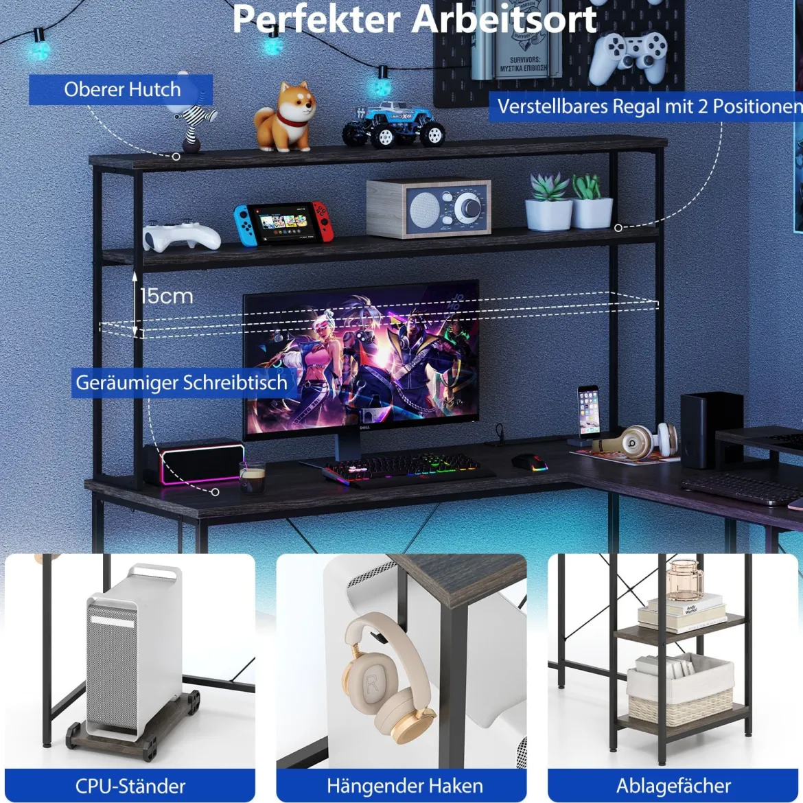 L-förmiger Gaming Schreibtisch mit LED-Streifen & Steckdosen Eckschreibtisch Computertisch Grau
