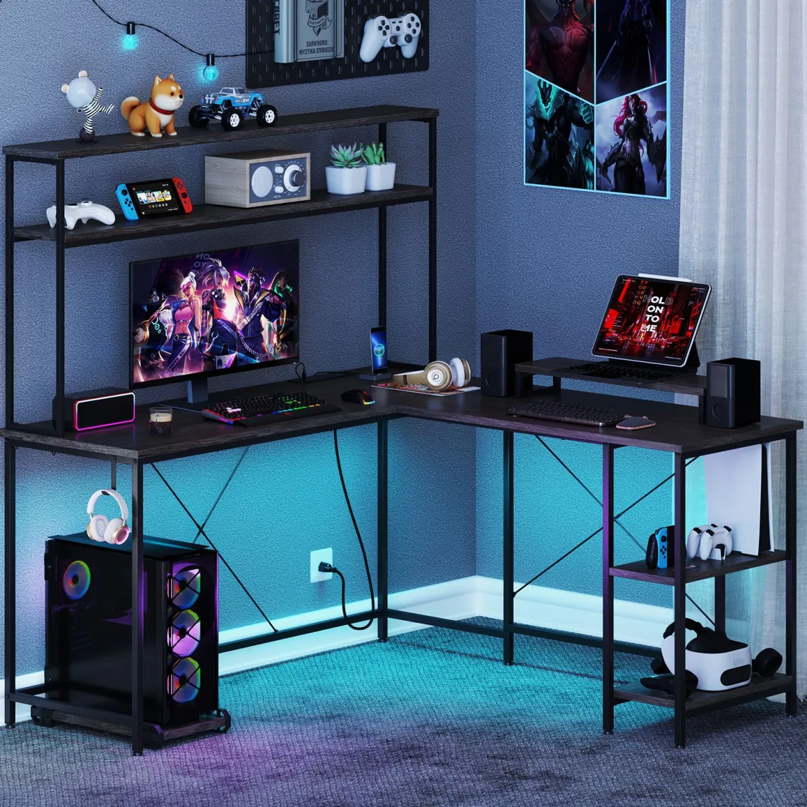 L-förmiger Gaming Schreibtisch mit LED-Streifen & Steckdosen Eckschreibtisch Computertisch Grau