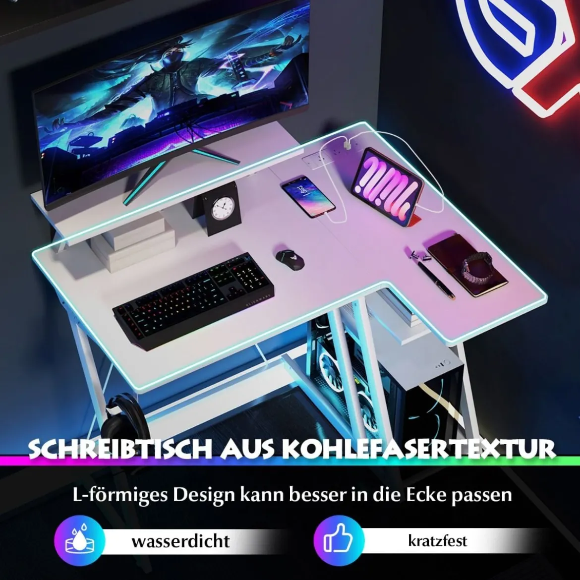 L-förmiger Gaming-Schreibtisch mit Steckdosen & USB-Anschlüssen mit Monitorregal Computertisch