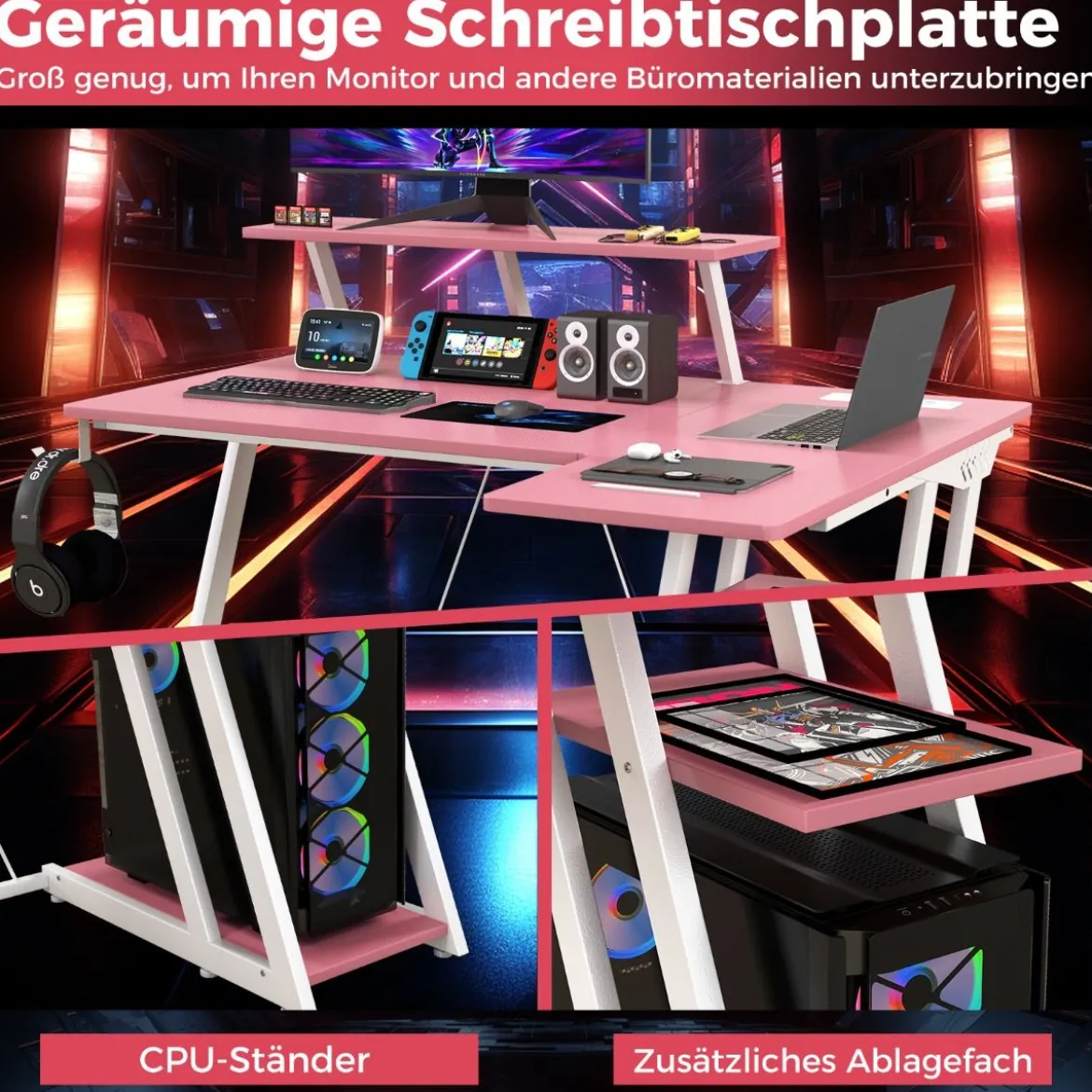 L-förmiger Gaming-Schreibtisch mit Steckdosen & USB-Anschlüssen mit Monitorregal Computertisch