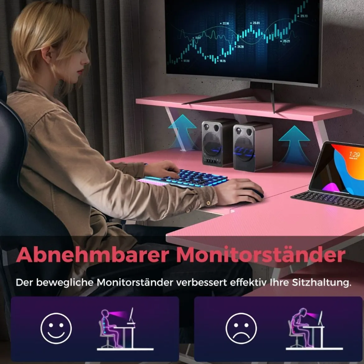 L-förmiger Gaming-Schreibtisch mit Steckdosen & USB-Anschlüssen mit Monitorregal Computertisch