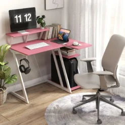L-förmiger Gaming-Schreibtisch mit Steckdosen & USB-Anschlüssen mit Monitorregal Computertisch