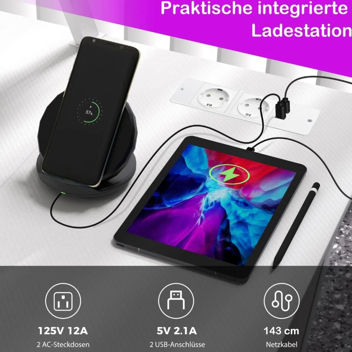 L-förmiger Gaming-Schreibtisch mit Steckdosen & USB-Anschlüssen mit Monitorregal Computertisch