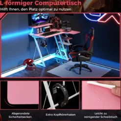 L-förmiger Gaming-Schreibtisch mit Steckdosen & USB-Anschlüssen mit Monitorregal Computertisch