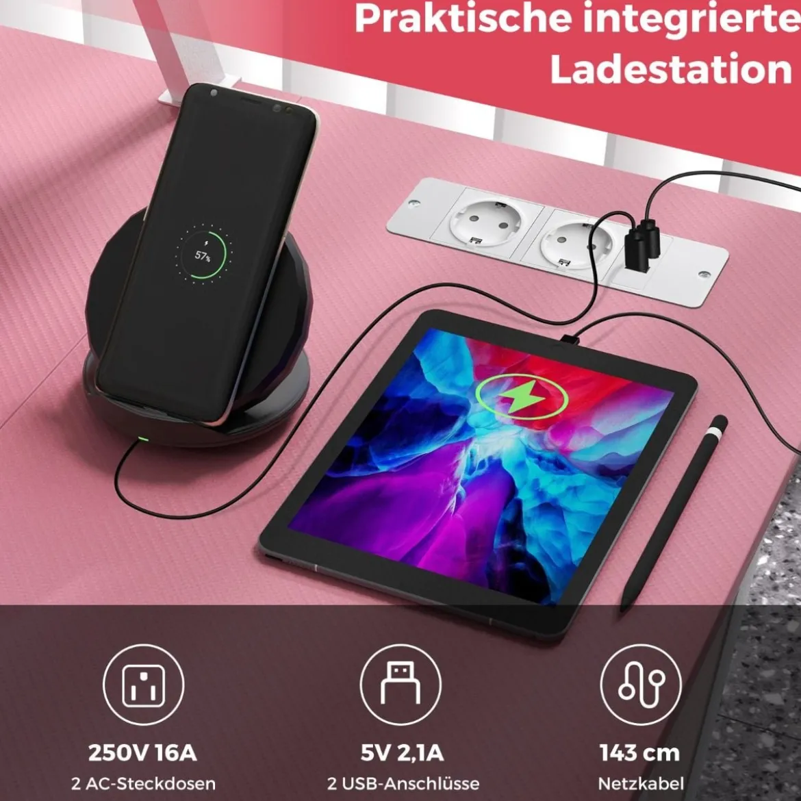 L-förmiger Gaming-Schreibtisch mit Steckdosen & USB-Anschlüssen mit Monitorregal Computertisch