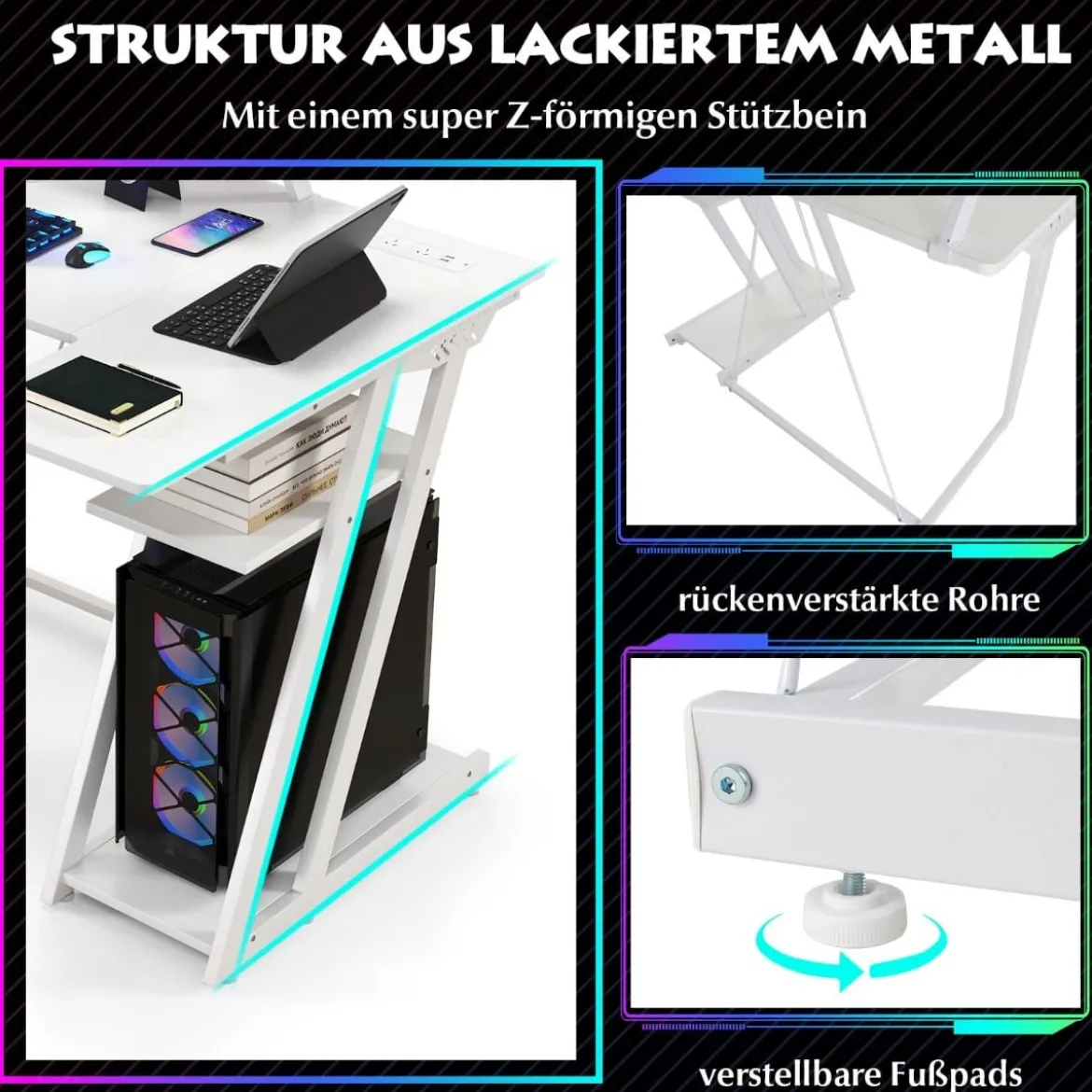 L-förmiger Gaming-Schreibtisch mit Steckdosen & USB-Anschlüssen mit Monitorregal Computertisch